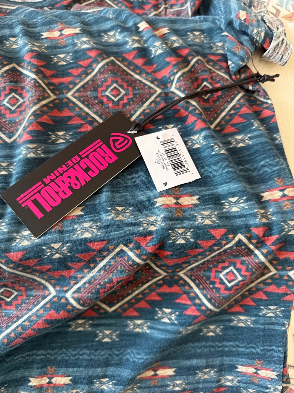 NWT Rock&Roll Denim Aztec-Pattern Short Sleeve Tee in Teal & Coral - Unbranded - Picture 8 of 9